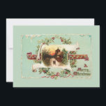Vintage Winter Scene och jul Hälsning Julkort<br><div class="desc">Vackra,  rustiska vinterscenen vid solnedgången på antika banderoller omgivna av holly,  ribbon och belyst hälsning på ljustealbakgrund. Kompletterande bild vid omvänd text med anpassade.</div>