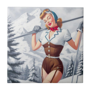Vintage Winter Ski Pin-Up Kakelplatta