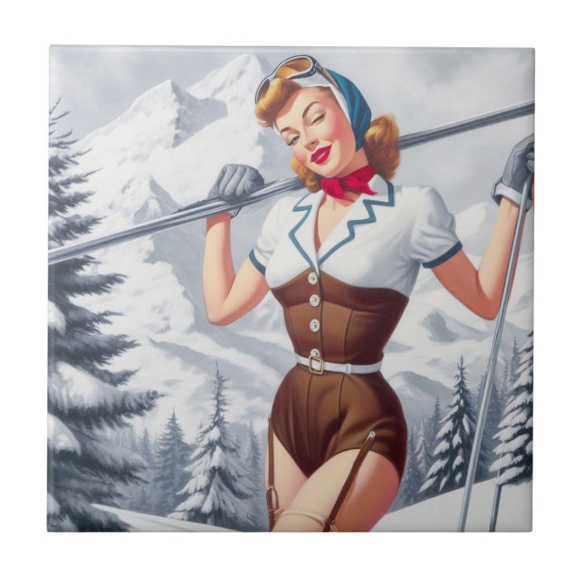 Vintage Winter Ski Pin-Up Kakelplatta (Framsidan)