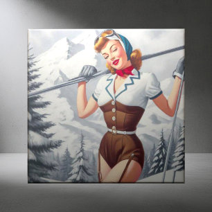 Vintage Winter Ski Pin-Up Kakelplatta