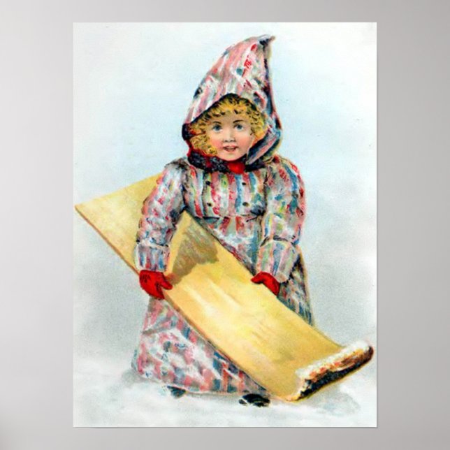 Vintage Winter Sledding Girl Poster (Framsidan)