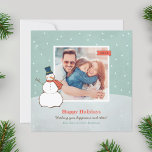 Vintage Winter Snögubbe Glad helg Photo Julkort<br><div class="desc">Fyrkantiga bildkortssymboler i "Glad helg" har en snövinter-scen med lycklig snögubbe och snöflingor. Anpassa med fotot (tips: skörd i fotot till en kvadratisk form innan du ändrar bilden för att ladda upp din egen) och anpassningsbar hälsning nedan. grönt av vintage aqua/jade, orange av tangeriner/röd och vit design med marin blå...</div>