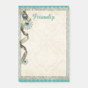 Vintage Winter snowflake ribbon and damask Post-i Post-it Block