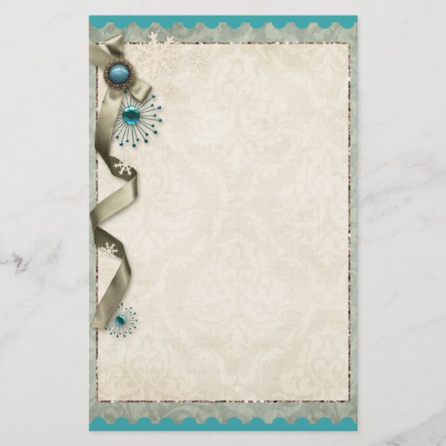 Vintage Winter snowflake ribbon damask teal guld Brevpapper (Framsida)