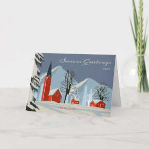 Vintage Winter Village Ice Blue och Red Non-Photo Helgkort