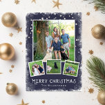 Vintage Winter Wonderland jul Photo Collage Julkort<br><div class="desc">Fira helgdagarna med den här festliga Winter Wonderland God jul Photo Collage. Ett snö gräns omger dina fyra bilder som ställs in mot en mörk blått bakgrund. Lägg till anpassningsbarna längst fram och bakåt. Med en viss känsla av rustik/vintage är kortet fortfarande trendig och klassiskt. Se hela vår samling med...</div>