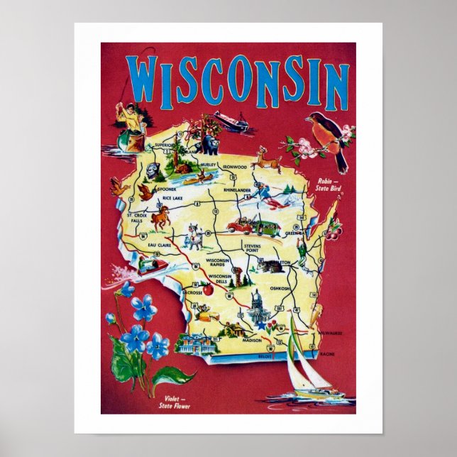 Vintage Wisconsin Karta Skriv ut Poster (Framsidan)