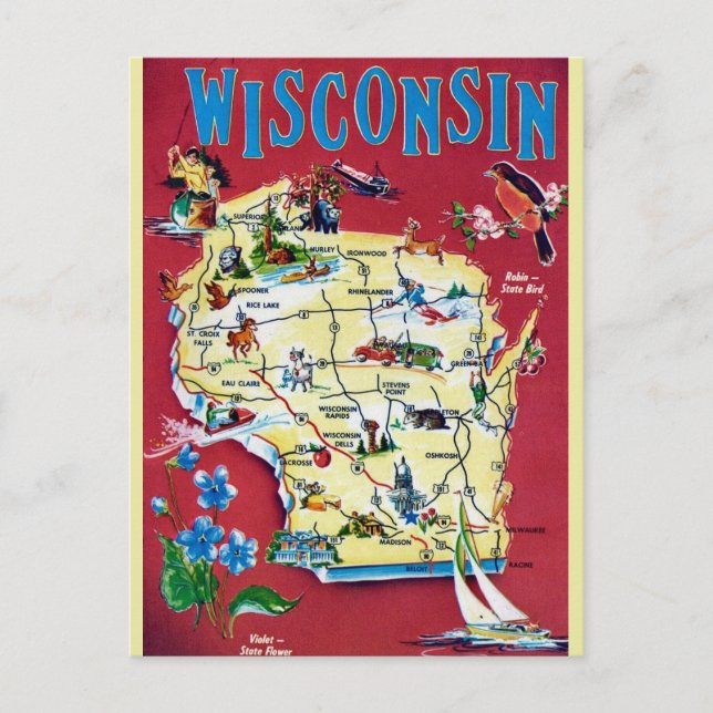 Vintage Wisconsin-karta  Vykort (Framsida)
