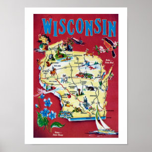 Vintage Wisconsin Karttryck Poster