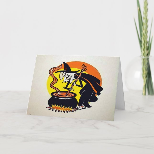 Vintage Witch Cauldron Halloween Card Helgkort (Framsida)