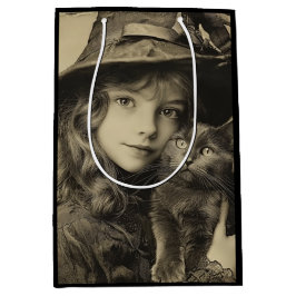 Vintage Witch Girl med Black Cat