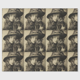 Vintage Witch Girl med Cat Halloween Samhain Presentpapper