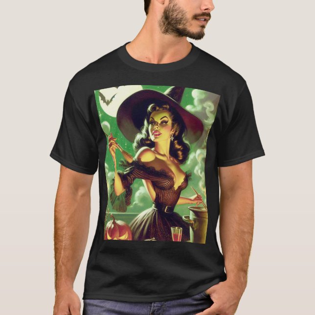 Vintage Witch Halloween Pin-Up T Shirt (Framsida)