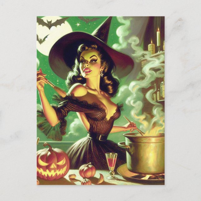Vintage Witch Halloween Pin-Up Vykort (Framsida)