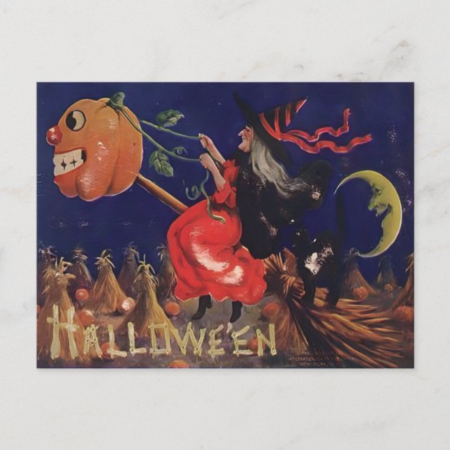 Vintage Witch Halloween Vykort (Framsida)