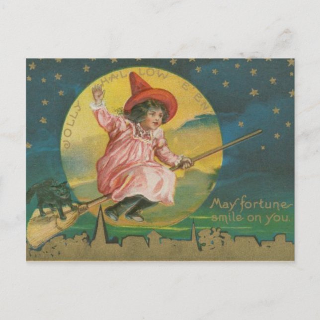 Vintage Witch Halloween Vykort (Framsida)