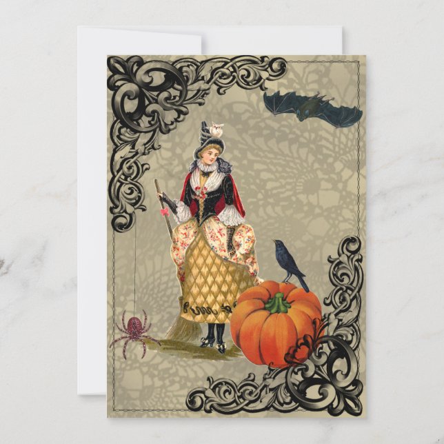 Vintage Witch med Pumpkin Halloween Collage Inbjudningar (Baksida)