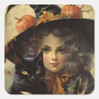 Vintage Witch och Black Cat Halloween Fyrkantigt Klistermärke