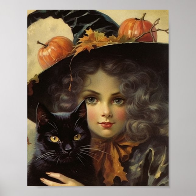 Vintage Witch och Black Cat Halloween Poster (Framsidan)