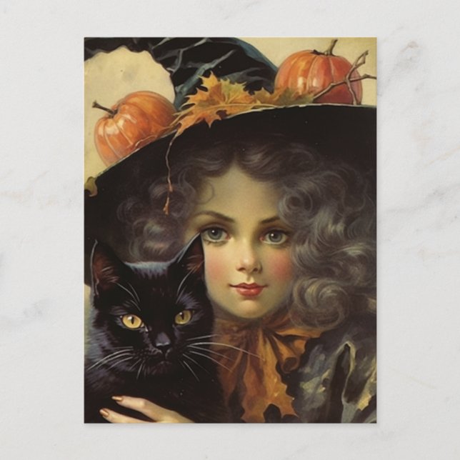 Vintage Witch och Black Cat Halloween Vykort (Framsida)