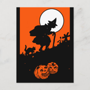 Vintage Witch och Black Cat Silhouette Vykort
