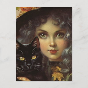 Vintage Witch och Black Cat Vykort