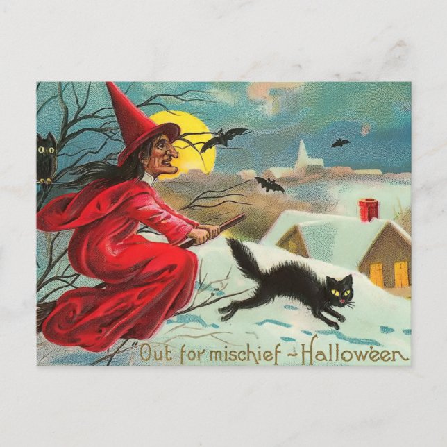 Vintage Witch och Cat Postcard Vykort (Framsida)