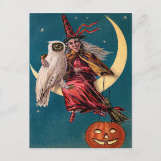 Vintage Witch och Uggla Happy halloween Hälsning Vykort