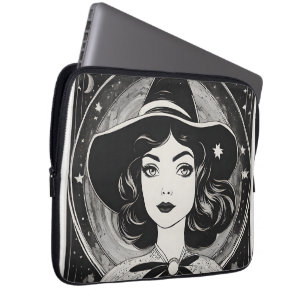 Vintage Witch Porträtt Black and White Retro Laptop Fodral