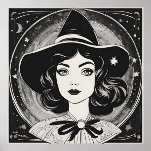 Vintage Witch Porträtt Black and White Retro Poster