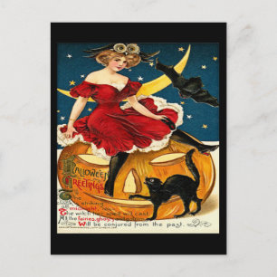 Vintage Witch Pumpkin Halloween Hälsning Vykort