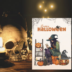 Vintage Witch Tarot Scary Pumpkin Halloween Kort