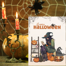 Vintage Witch Tarot Scary Pumpkin Halloween Vykort