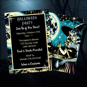 Vintage Witch under omrörning av Cauldron Hallowee Inbjudningar
