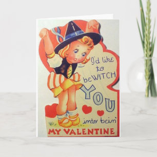 Vintage Witch Valentine Day Greeting Card Helgkort