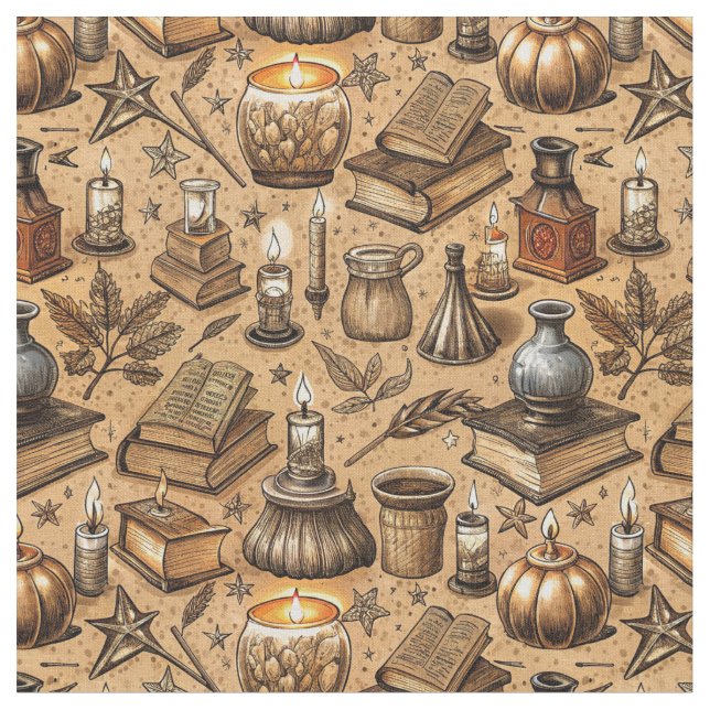 Vintage Witchcraft Bokar & Candles Mönster (2) Tyg (Närbild)