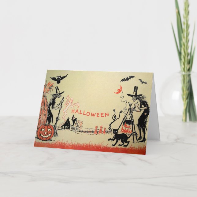 Vintage Witches Halloween-kort Helgkort (Framsida)