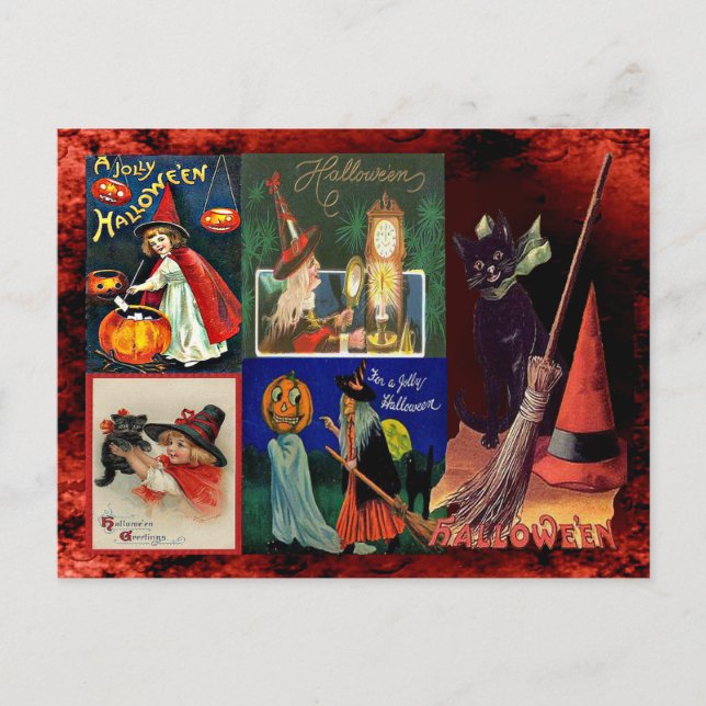 Vintage Witches och Svarta katter Collage Vykort (Framsida)