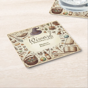 Vintage Wizard Witches Party Magic Trollspö Hats Underlägg Papper Kvadrat