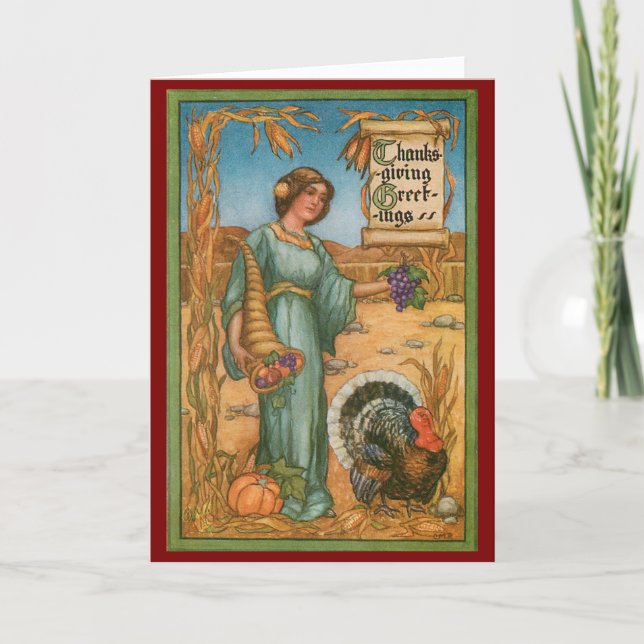 Vintage Woman And Turkey Thanksgiving Card Kort (Framsida)