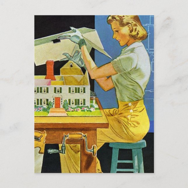 Vintage Woman Architect Miniature House Blueprint Vykort (Framsida)