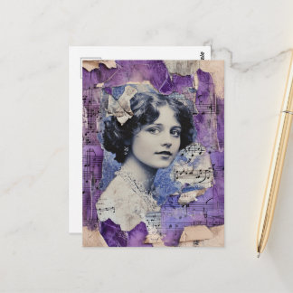 Vintage Woman Collage Sheet Music Purple Vykort