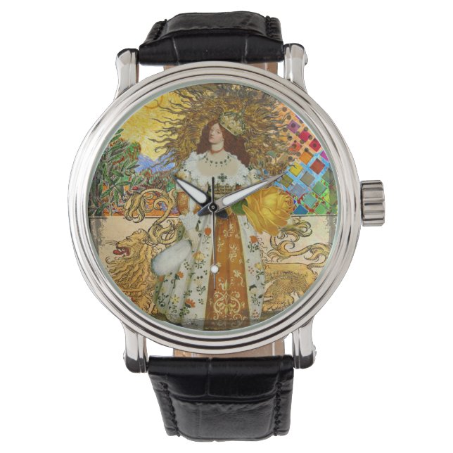 Vintage Woman Golden Sol: Leo Zodiac Collage Art Armbandsur (Framsida)