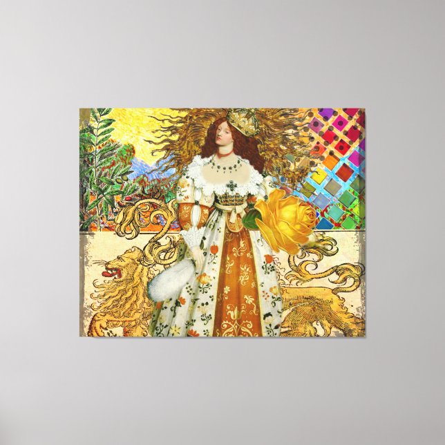 Vintage Woman Golden Sol: Leo Zodiac Collage Art Canvastryck (Framsida)
