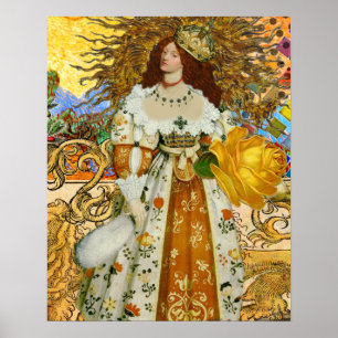 Vintage Woman Golden Sol: Leo Zodiac Collage Art Poster