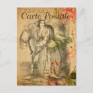 Vintage Woman med sin Horse Blommigt Flowers Frans Vykort