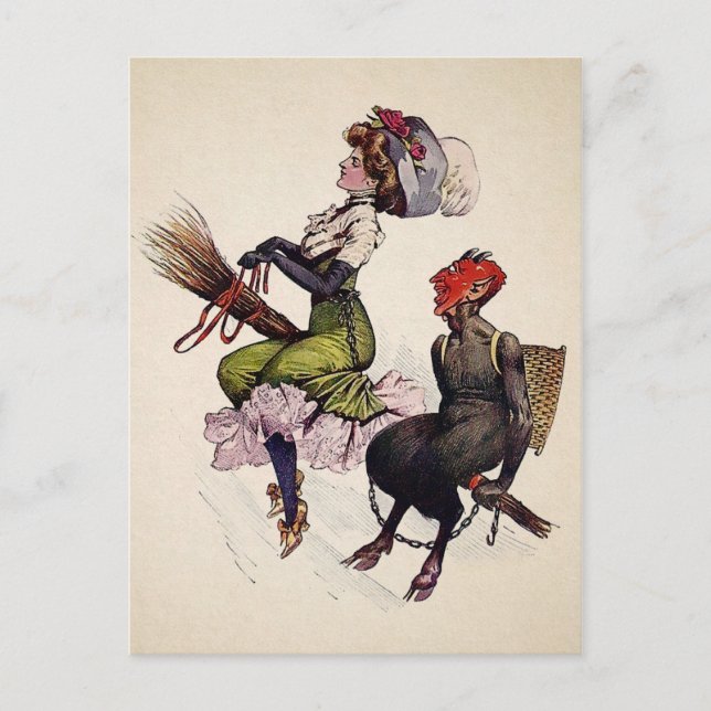 Vintage Woman och Krampus Vykort (Framsida)