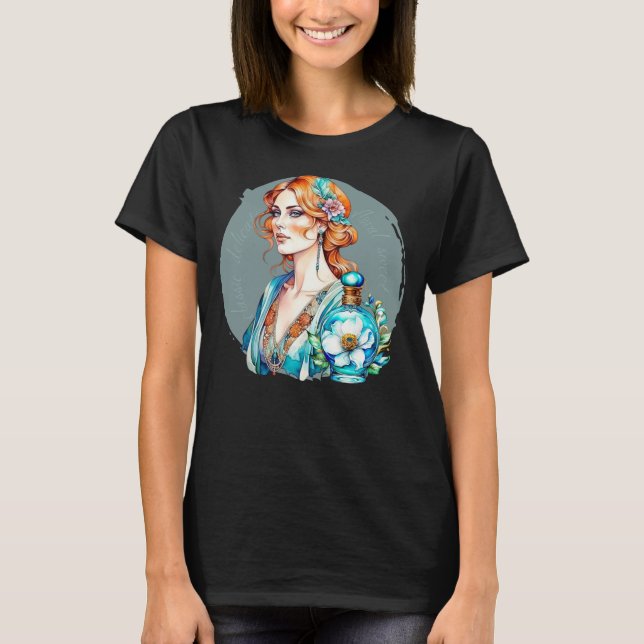Vintage Woman och Teal Parfym Flaska T Shirt (Framsida)