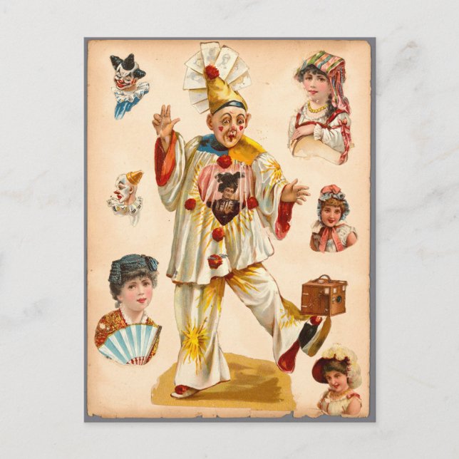 Vintage Women & Circus Clowns Ephemera Collage Vykort (Framsida)