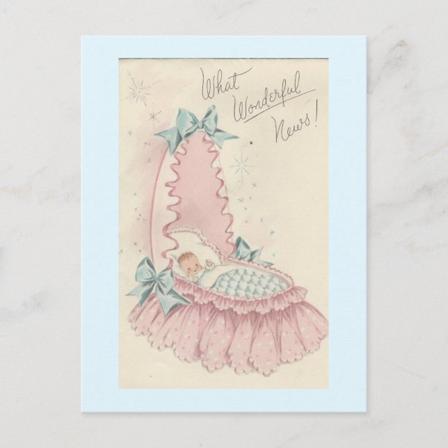 Vintage "Wonderful News" Baby Vykort (Framsida)